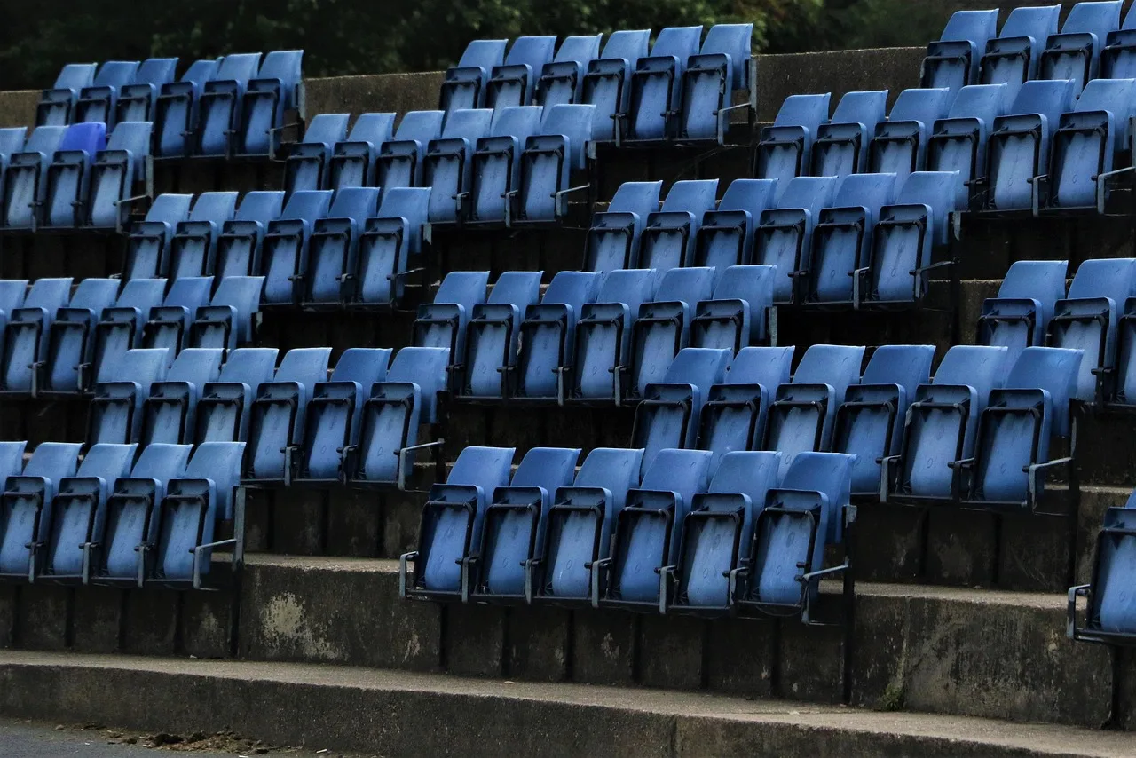 seats, stadium, empty, grandstand, viewers, row of seats, stand out, outside, audience stand, seating, plastic, blue, sit, audience, sport, football, view, club, events, empty chairs, blue football, blue event