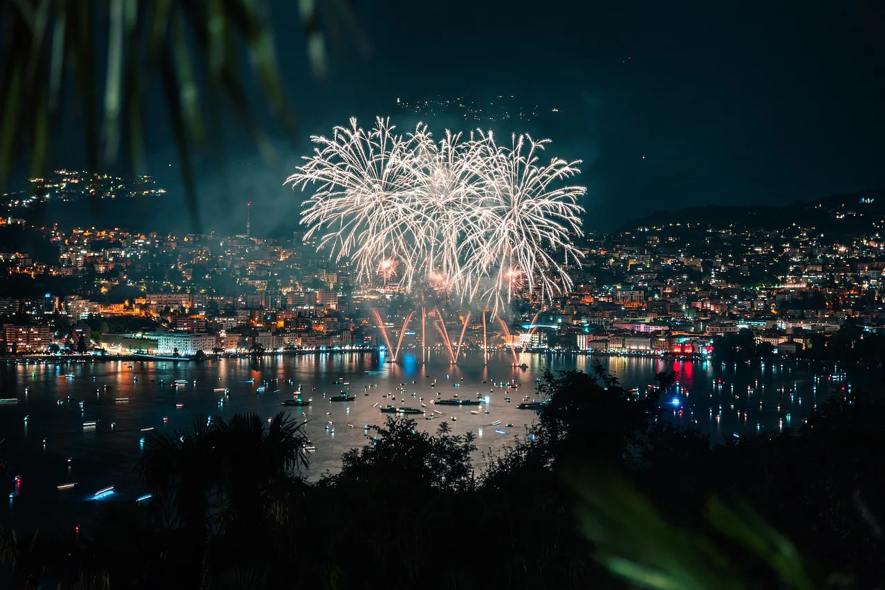 lake, nature, port, fireworks, sparkles, celebration, sunset, mountains, sky, outdoors, travel, landscape, night, night sky, dark, city